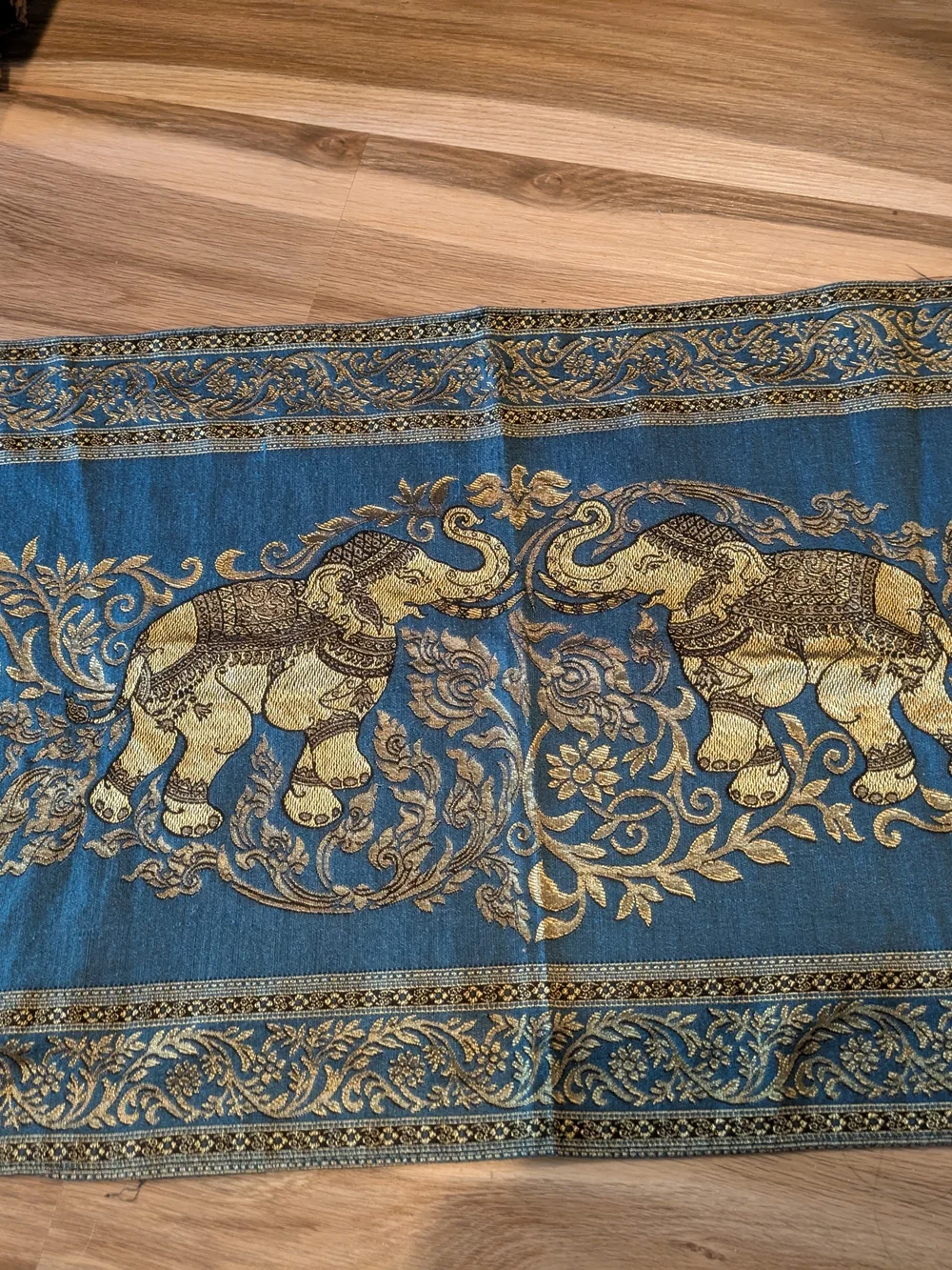 Blue and Gold Ornate Wall Tapestry Runner Thai Silk Elephant Shawl